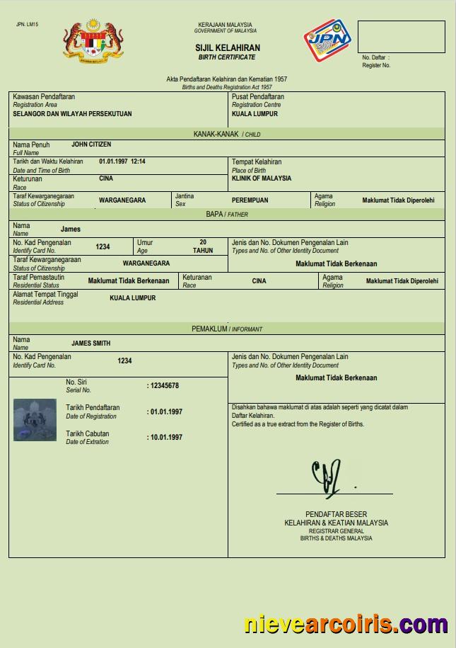 Malaysia birth certificate